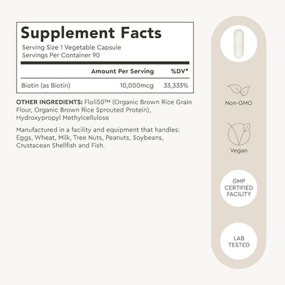 Alaya Biotin 10,000 mcg for Healthy Hair, Skin and Nails, Non GMO, Vegan, 90 Capsules