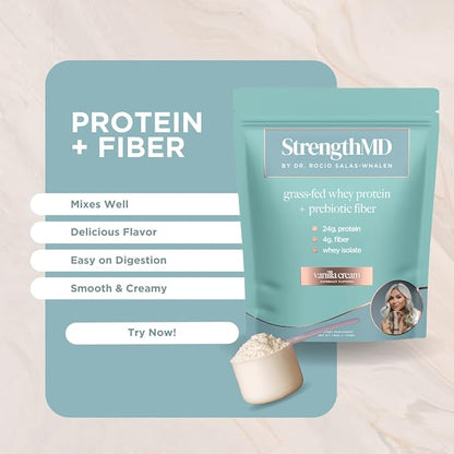 StrengthMD Physician Formulated Protein + Fiber Shake for GLP-1 Support | 24g Protein Grass-Fed Whey, 4g Fiber & Digestive Enzymes, Low Carb, No Added Sugar, Vanilla, 1.72 lb