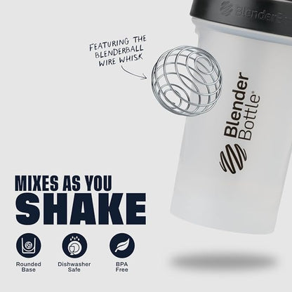BlenderBottle Classic V2 Shaker Bottle Perfect for Protein Shakes and Pre Workout, 20-Ounce, Clear/Black