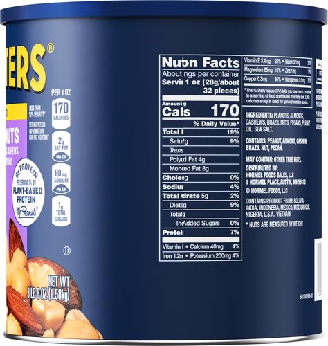 PLANTERS Salted MixedNuts, Peanuts, Almonds, Cashews,BrazilNuts and Pecans, PartySnack, Plant-Based Protein, Quick Snackfor Adults, After SchoolSnack, Bulk Nuts, Kosher,56oz Canister (Pack of 2)