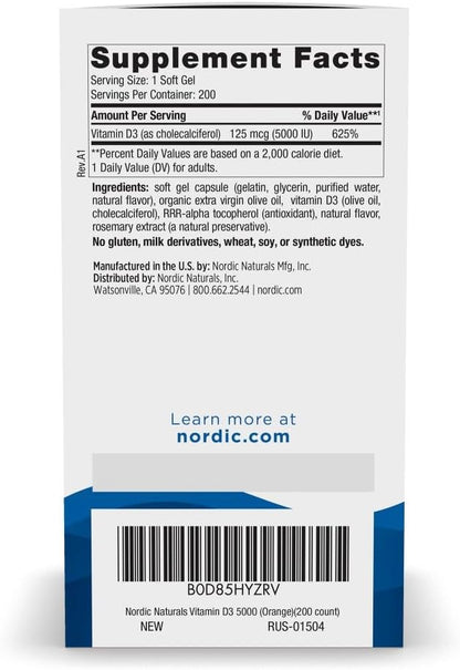 Nordic Naturals Vitamin D3 5000, Orange - 200 Mini Soft Gels - Support for Healthy Bones, Mood, & Immune System - Vegetarian - Non-GMO - 200 Servings