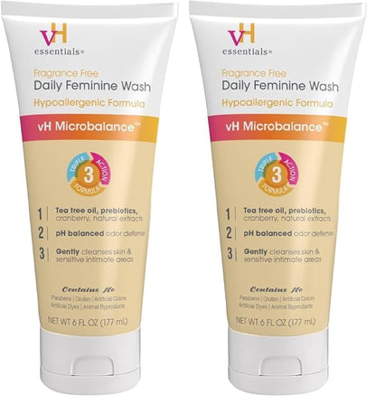 vH essentials Daily Feminine Wash - Fragrance Free, Hypoallergenic with Tea Tree Oil & Prebiotic - For Ph Balance, Intimate Odor Block, Vaginal Health - Gentle Formula Body Care - 6 Fl Oz (Pack of 2)