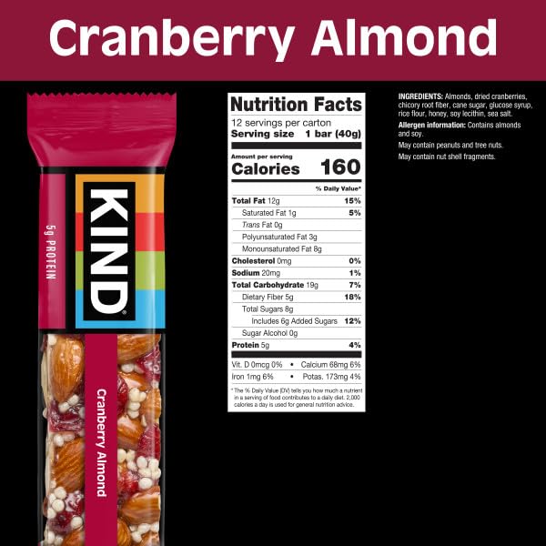 KIND Nut Bars, Cranberry Almond, Healthy Snack Bars, Gluten Free, Low Sugar, 6g Protein, 24 Count