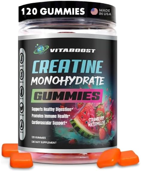 VitaBoost Creatine Gummies 5g- Natural Creatine Monohydrate for Men & Women- Delicious Strawberry Watermelon Flavor- Boost Strength, Energy & Muscle Growth- Vegan Pre Workout Gummies- Made in USA