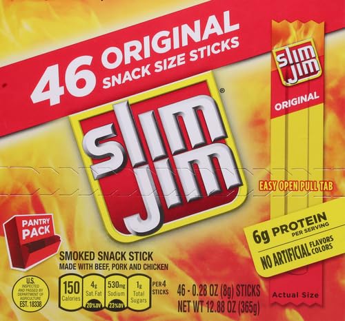 Slim Jim Smoked Meat Sticks, Original Flavor, 6g Protein Per Serving, Snack Size, 0.28 oz. 46 Count (Pack of 3)