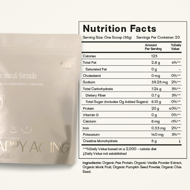 Happy Aging Protein Powder for Women, 20g Organic Pea & Pumpkin Seed Protein, 5g Creatine, Monk Fruit Sweetened, Organic Cocoa & Chia, Vegan Plant Based Protein