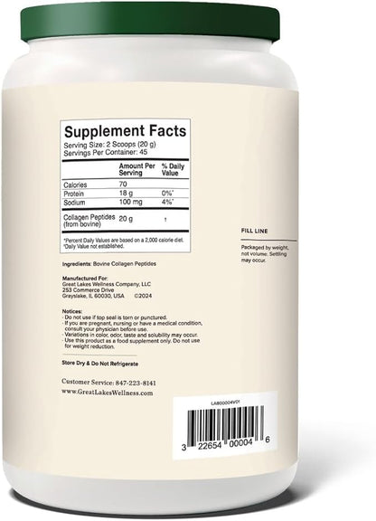 Great Lakes Wellness Collagen Peptides Powder – Supports Skin, Hair, Nails, Joints & Digestion – Hydrolyzed, Quick Dissolve, Non-GMO, Keto & Kosher – Pure Collagen Protein (32 oz, 45 Servings)