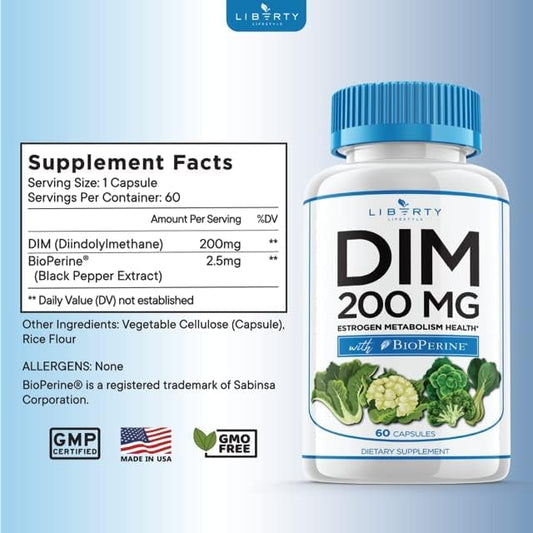 DIM Supplement 200mg - DIM Diindolylmethane Plus BioPerine - Estrogen Balance, Hormone Menopause Relief, Acne Treatment, Vegan - 120 Count