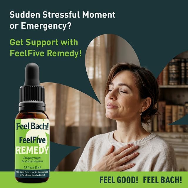 Feel Bach! FeelFive Remedy - Natural Homeopathic Flower Essences for Fast Emergency Support, Relief of Fear, Worry and New Adoption, Vegan, Gluten & Sugar-Free, Non-Habit Forming, 20ml (0.7 fl oz)