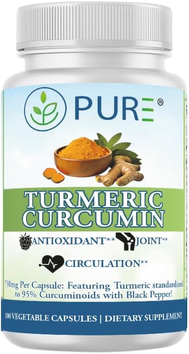 PURE® Turmeric Curcumin 750mg with BioPerine® - 180 Capsules, 6 Month Supply - High Absorption Joint Support & Anti-Inflammatory Supplement - 95% Curcuminoids Antioxidant Complex - Made in USA