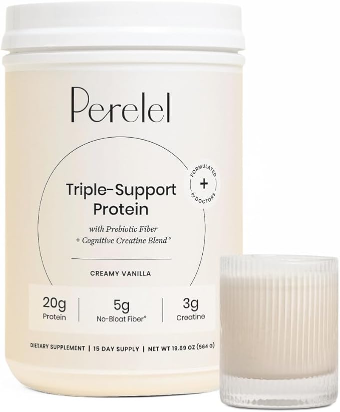 Perelel Triple-Support Plant Based Protein Powder, Creamy Vanilla, 20g Vegan Protein Powder, 3g Creatine Monohydrate, & 5g Prebiotic Fiber per Serving, Dairy Free, No Sugar Added, 15 Day Supply
