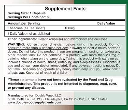Theacrine (Teacrine) 100 Mg, 60 Capsules - Energy and Focus Supplement (Similar to Caffeine Pills but More Subtle and Longer Lasting) Non-GMO and Gluten Free by Double Wood