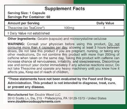 Theacrine (Teacrine) 100 Mg, 60 Capsules - Energy and Focus Supplement (Similar to Caffeine Pills but More Subtle and Longer Lasting) Non-GMO and Gluten Free by Double Wood