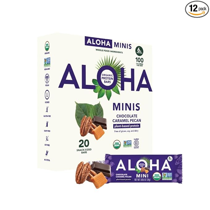 ALOHA Organic Plant Based Protein Bar MINIS | Caramel Chocolate Pecan | GLP-1 Friendly, 20 Count, 24g Bars | Vegan, Low Sugar, Gluten Free, Low Carb, Non-GMO, No Stevia, No Soy, No Sugar Alcohols