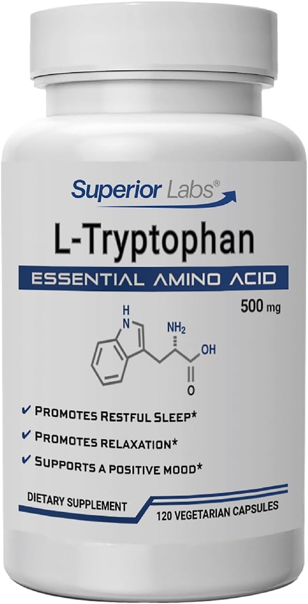 Superior Labs L-Tryptophan 500 mg Capsules, Pure Non-GMO Amino Acid, High Absorption, Supports Sleep and Mood, Helps with Occasional Stress, PMS Support, 120 Veg Caps