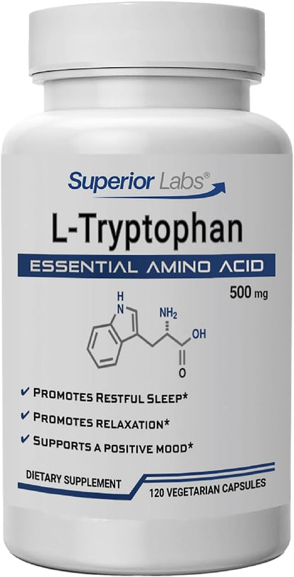 Superior Labs L-Tryptophan 500 mg Capsules, Pure Non-GMO Amino Acid, High Absorption, Supports Sleep and Mood, Helps with Occasional Stress, PMS Support, 120 Veg Caps