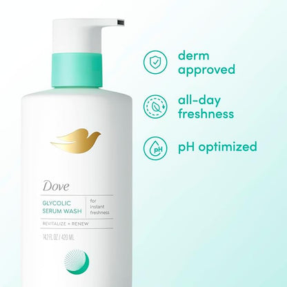 Dove Glycolic Serum Body Wash for Women - For Skin Renewal, Hydration & Odor Control,Fresh Water Lilly Scent 14.2 oz