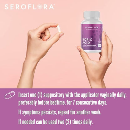 Seroflora Boric Acid Vaginal Suppositories for Women + 1 Suppository Applicator - Helps Support Vaginal Odor pH Balance, Yeast Infection and Bacterial Vaginosis