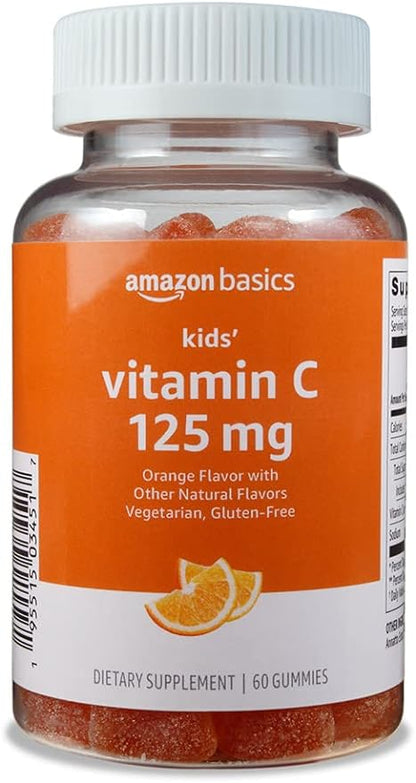 Amazon Basics Kids' Vitamin C 125mg Gummies, Orange Flavor, Soft Chew, 60 Count, Immune Health, Vegetarian, 2 Month Supply (Previously Solimo)