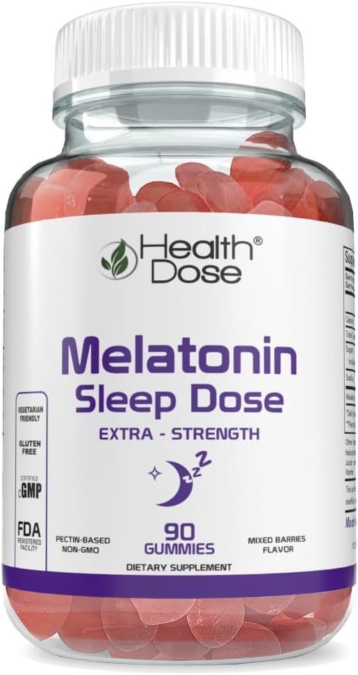 Health Dose Melatonin 6 mg Extra Strength Gummy, Pre-Bedtime Supplement for Restful Sleep, Adults, 90 Gummies, Three Month Supply, Mixed Berries Flavor.