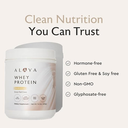 Alaya Naturals - Grass Fed Whey Protein Powder - Vanilla Flavor, All Natural, Hormone Free - 20g Protein per Serving - Non-GMO, rBGH Free, Gluten Free - Great Source of BCAA