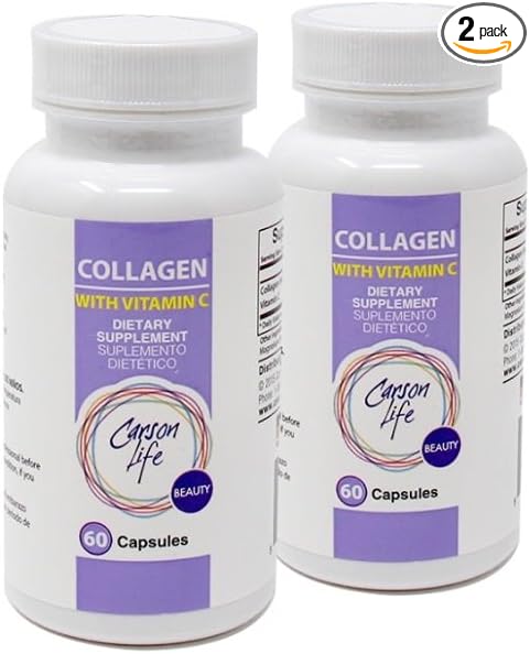 Carson Life Collagen with Vitamin C (2 Pack) - Hydrolyzed Collagen Supplement - Supports Hair, Skin & Nails - Dietary Supplement - Made in USA - 60 Capsules Each