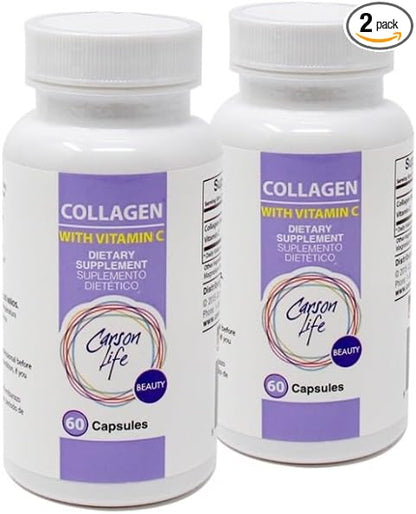 Carson Life Collagen with Vitamin C (2 Pack) - Hydrolyzed Collagen Supplement - Supports Hair, Skin & Nails - Dietary Supplement - Made in USA - 60 Capsules Each