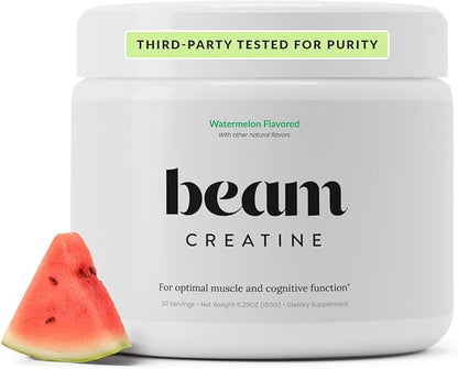 Beam Creatine Monohydrate Powder – 5g Micronized Creatine Monohydrate, Flavored Creatine for Women & Men, Muscle Strength, Growth & Cognitive Support, Watermelon Flavor, 30 Servings