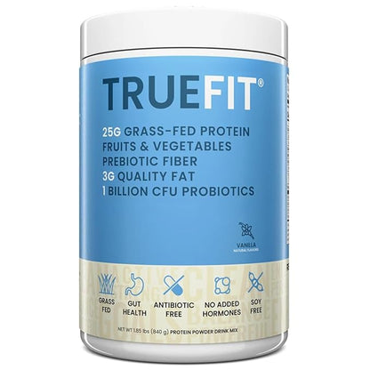 TrueFit High Fiber Protein Powder, Grass-Fed Whey Meal Replacement Shake with Prebiotics, Probiotics, & Organic Superfoods, Keto Friendly, Gluten Free