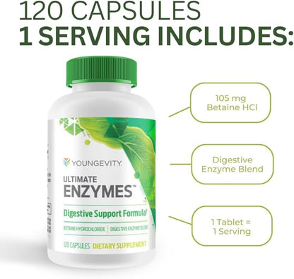 Youngevity Ultimate Enzymes® - Multi Enzymes for Digestion, Gas & Bloating Relief - Betaine HCl, Ox Bile, Pancreatine 10X, Papain 6M, Pepsin 1:3000 (120 Capsules - 4 Pack)