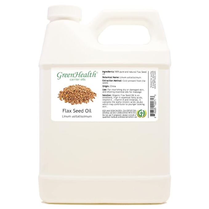GreenHealth Flaxseed Oil 32 fl oz – 100% Pure & Natural Carrier Oil, Cold Pressed, Bulk Size for DIY Skincare, Hair Care, Massage & Essential Oil Blends – Plastic Jug
