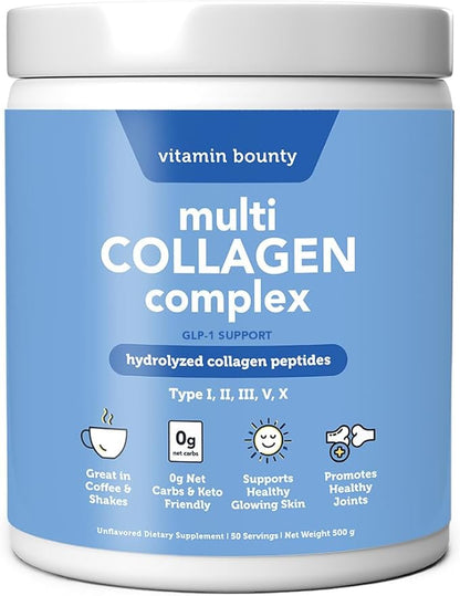 Vitamin Bounty Multi Collagen Complex - Hydrolyzed Collagen Peptides Types I, II, III, V & X - Supports Skin Elasticity, Joint Health, Hair & Nail Growth - 50 Servings
