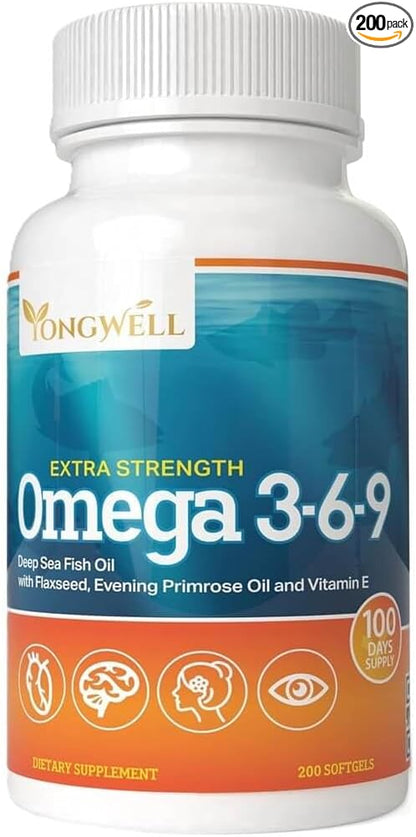 Triple Strength Omega 3-6-9 Fish Oil, Flaxseed & Evening Primrose Oil, 2000mg EPA & DHA (200 Softgels)