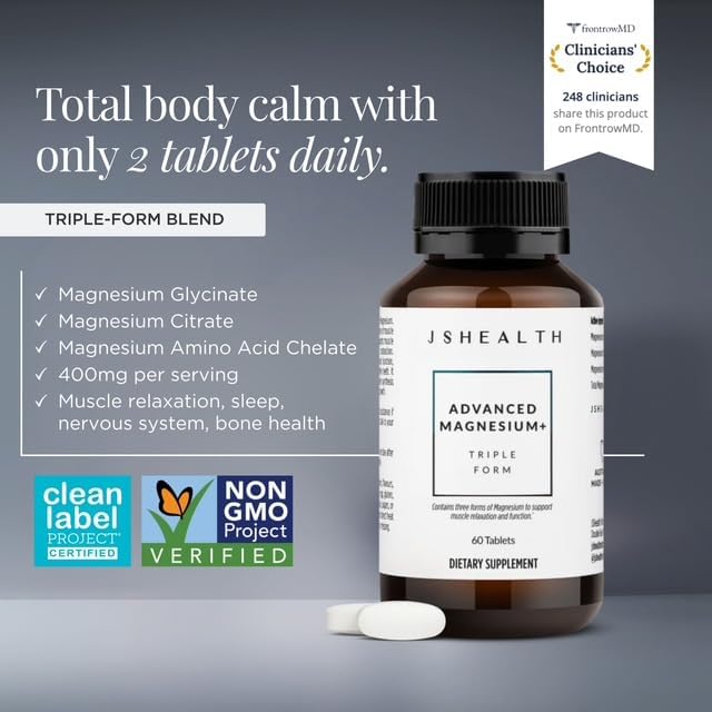 JSHealth Vitamins Advanced Magnesium Supplements with Magnesium Glycinate & Citrate for Muscle Relaxation (60 Tablets)