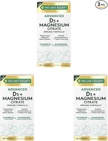 Nature's Bounty Advanced Vitamin D3 with Magnesium Citrate Immune Formula, Supports Immune and Bone Health, 90 Tablets (Pack of 3)