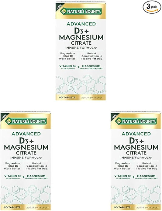 Nature's Bounty Advanced Vitamin D3 with Magnesium Citrate Immune Formula, Supports Immune and Bone Health, 90 Tablets (Pack of 3)