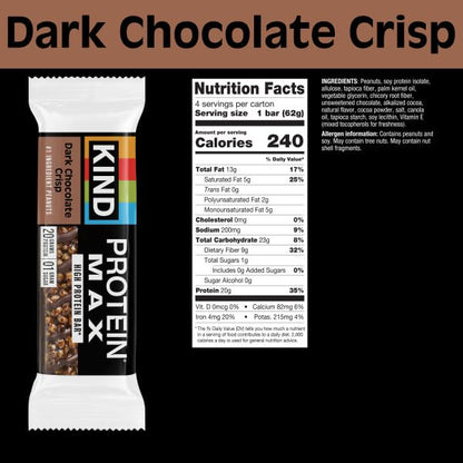 KIND Protein MAX, Dark Chocolate Crisp, 20g Protein, 1g Sugar, Low Sugar, High Protein Snack Bars, 4 Count (Pack of 2)