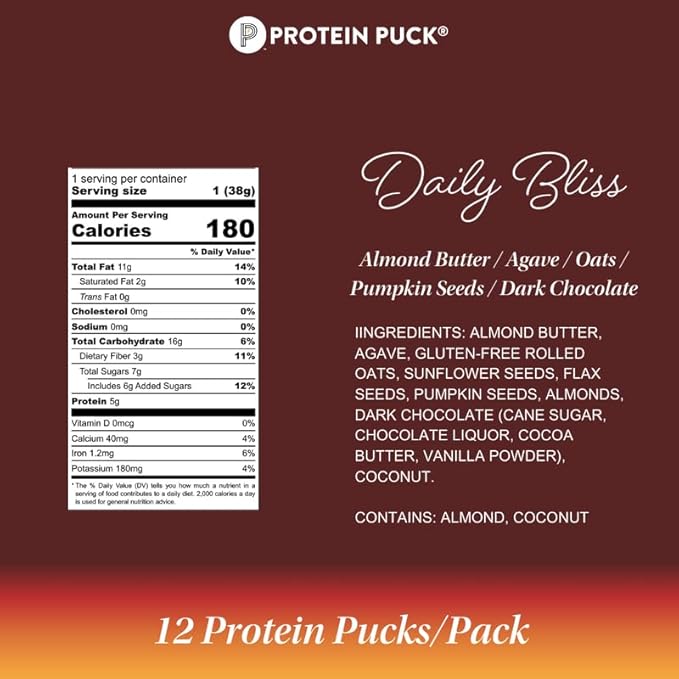 Protein Puck Vegan Plant based Protein Bar – Natural Healthy Snack Bars, 12 Count, 1.34oz Mini, Gluten Free, Dairy Free, No GMO, Kosher – Daily Bliss - Dark Chocolate, Almond Butter, Sport Nutrition