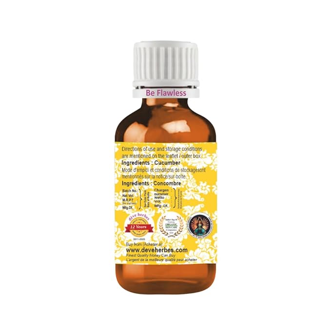 Deve Herbes Cucumber Oil (Cucumis sativus) | Cold Pressed | Pure | Natural | Undiluted | For Diluting Essential oils | For Skin & Massage | Non-Sticky | Lightweight | Men & Women | 30ml (1 oz)