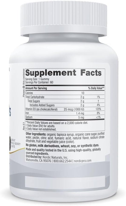 Nordic Naturals Pro Vitamin D3 Gummies, Wild Berry - 60 Gummies - 1000 IU Vitamin D3 - Great Taste - Healthy Bones, Mood & Immune System Function - Non-GMO - 60 Servings