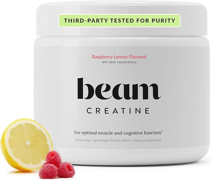 Beam Creatine Monohydrate Powder – 5g Micronized Creatine Monohydrate, Flavored Creatine for Women & Men, Muscle Strength, Growth & Cognitive Support, Raspberry Lemon Flavor, 30 Servings