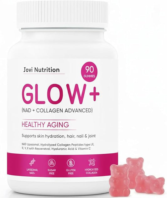 Jovi Glow+ NAD+ & Collagen Gummies, Multi-Type Hydrolyzed Collagen Peptides, Resveratrol, Hyaluronicacid, Vitaminc, Supplement for Skin, Hair, Nails, 90 Count (1, A)