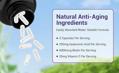 BIO NUTRI Hyaluronic Acid Supplements 250mg|240 Capsules，with Biotin 5000mcg & Vitamin C 25mg - Skin, Hair & Joint 3 in1 Support (1)