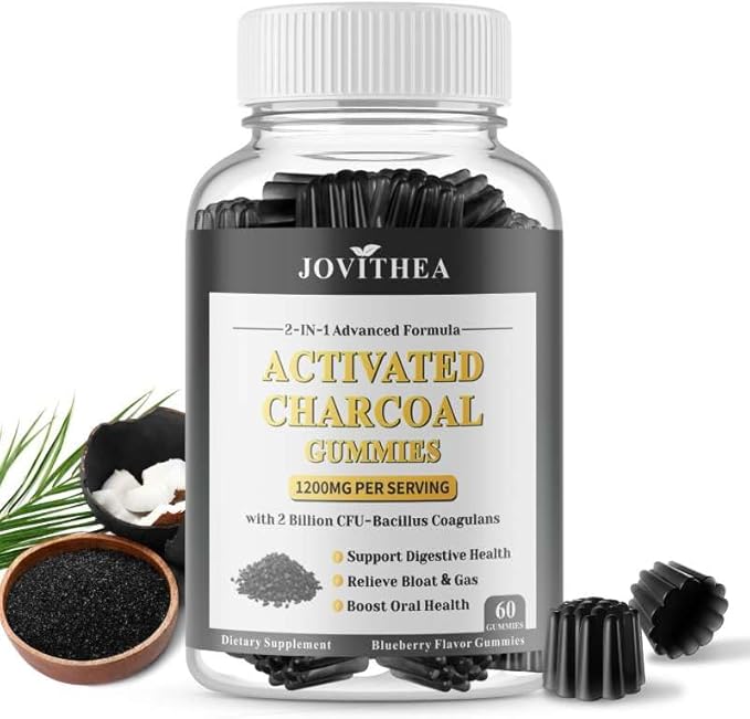 Activated Charcoal Gummies 1200mg, with Organic Coconut Shell Charcoal & 2 Billion Probiotics, Natural Gas & Bloating Relief, Digestive Support, Non-GMO, Vegan, Gluten Free, Blueberry Flavor, 60Ct