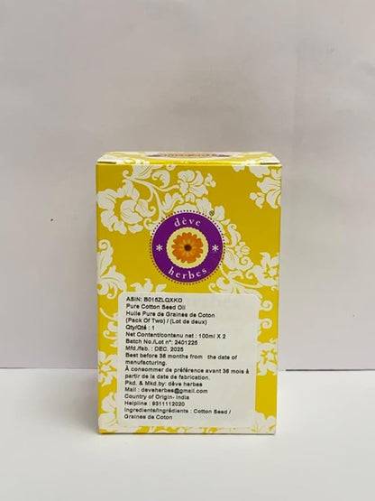 Deve Herbes Pure Cotton Seed Oil (Gossypium spp) Cold Pressed 100ml X 2 (6.76 oz)