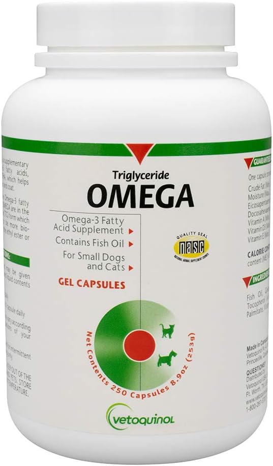 Vetoquinol Triglyceride Omega - Fish Oil for Dogs & Cats - Supports Healthy Skin, Coat & Normal Immune Response - Supplement with Vitamin Blend for Heart, Eye, Bone & Muscle Support - 250 Capsules
