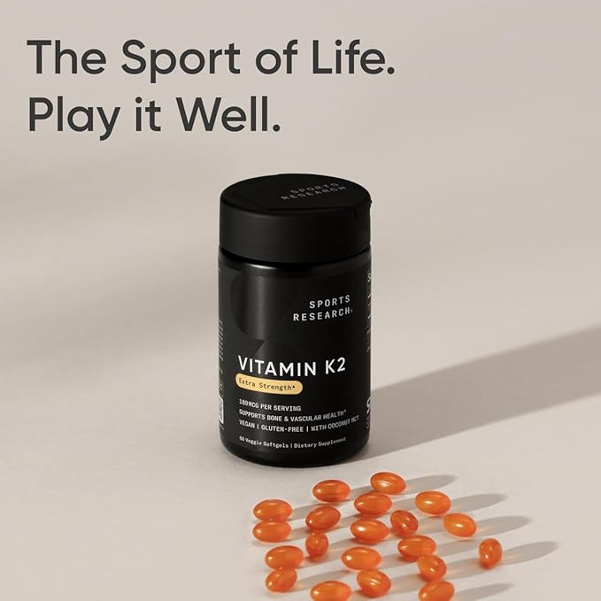 Sports Research Vitamin K2 MK7 180mcg with Coconut Oil - 60 Veggie Softgels - Vegan Certified, Non-GMO Verified & Gluten-Free