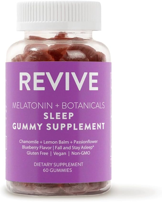 REVIVEEO Melatonin & Botanicals Sleep Gummy Supplement by Revive Essential Oils with Chamomile, Lemon Balm & Passionflower - 5 mg Melatonin - Blueberry Flavored