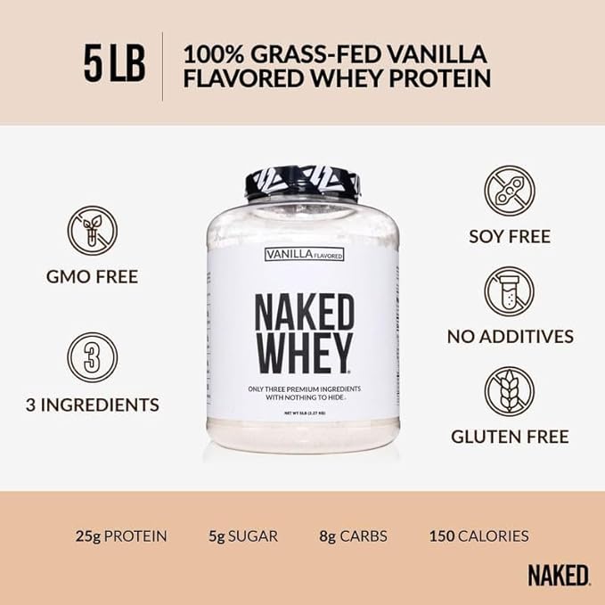 NAKED Vanilla Whey Protein Powder - All Natural Grass Fed Whey Protein Powder, Vanilla Flavor, Organic Coconut Sugar, 5Lb Bulk, GMO-Free, Soy Free, Gluten Free - 61 Servings