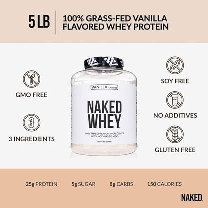 NAKED Vanilla Whey Protein Powder - All Natural Grass Fed Whey Protein Powder, Vanilla Flavor, Organic Coconut Sugar, 5Lb Bulk, GMO-Free, Soy Free, Gluten Free - 61 Servings